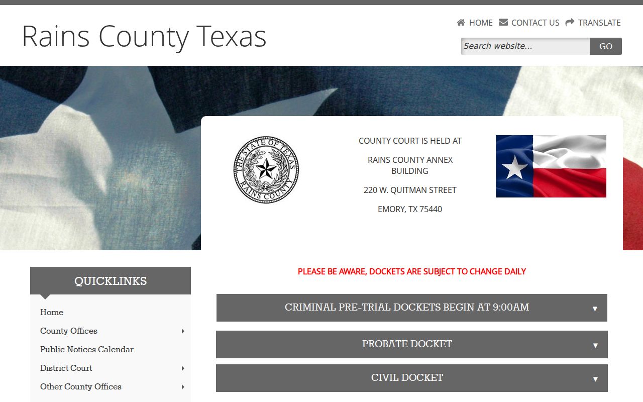 Rains County active warrant records context, County Court criminal docket page