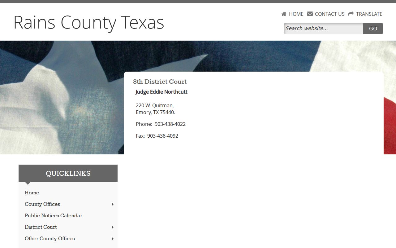 Rains County arrest warrant reference, 8th Judicial District Court page
