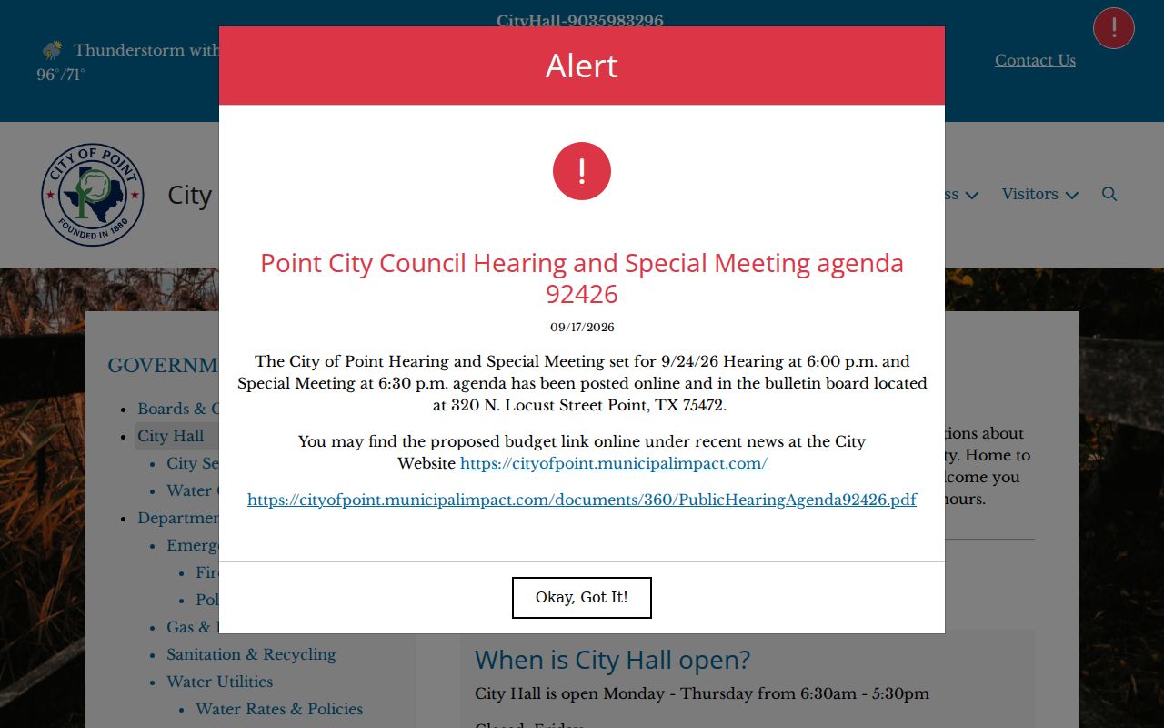 Point warrant records reference, City Hall contact page and office hours