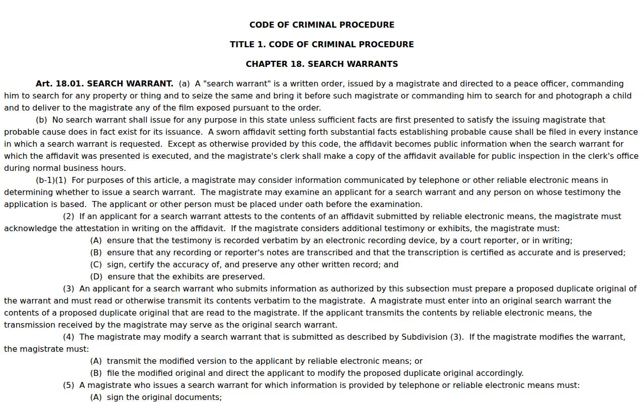 Rains County arrest warrant reference, Texas warrant affidavit statute