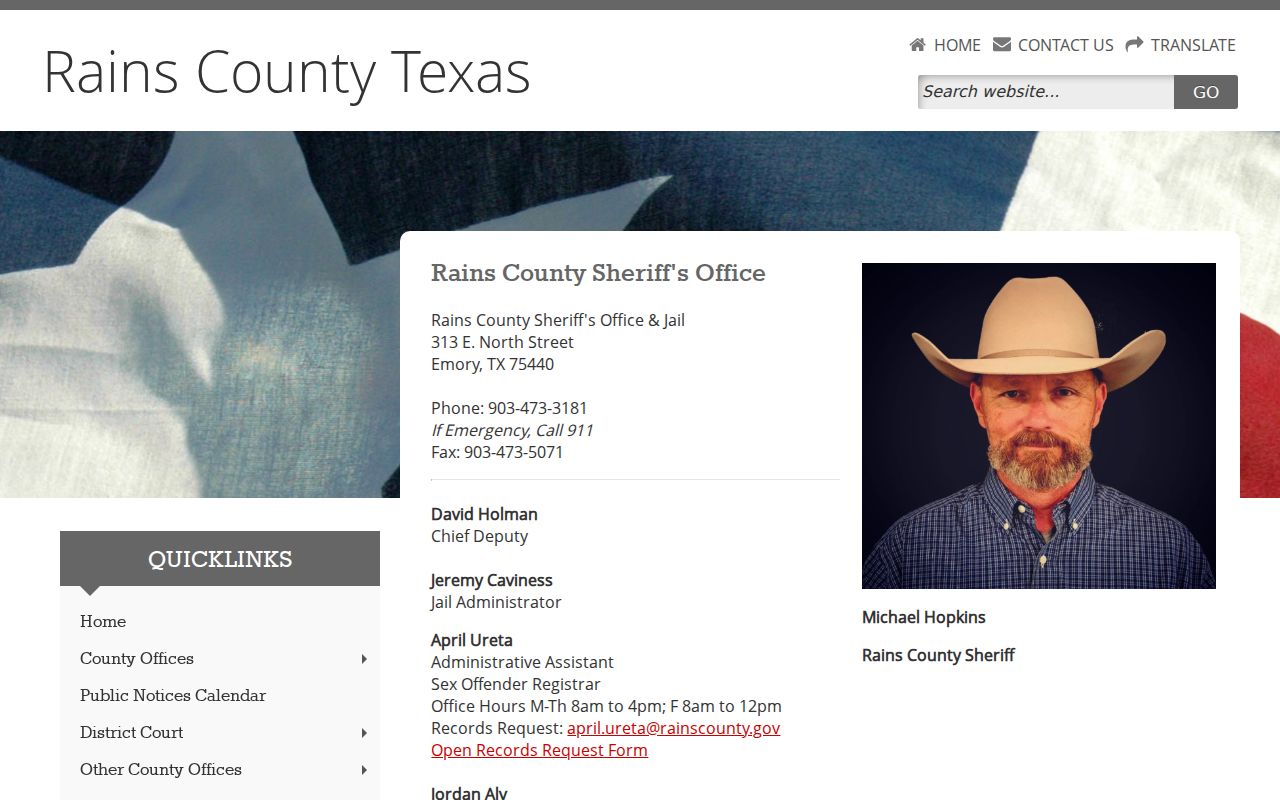 Rains County warrant records reference, Sheriff's Office and jail contact page